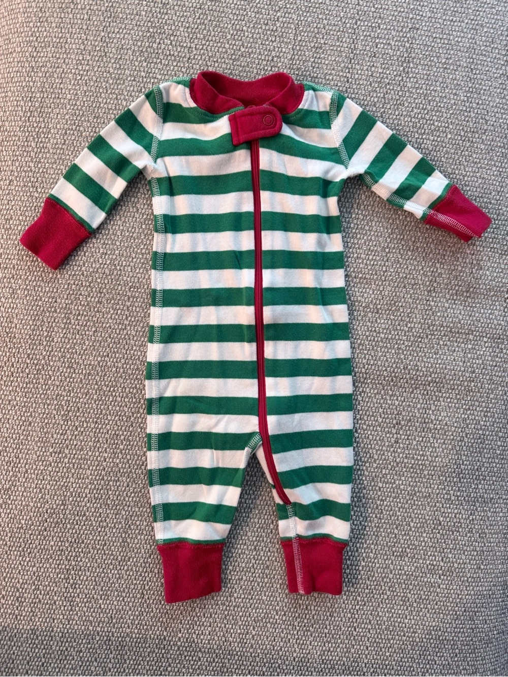 Hanna Andersson Green and White Striped Footie with Red Trim Christmas Outfit